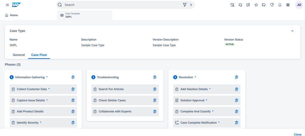Interfaz de SAP que muestra el flujo de casos, incluyendo fases como recopilación de información, resolución y un estado activo.
