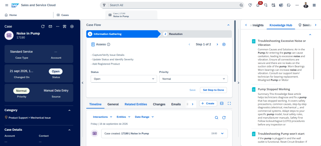 Interfaz de Salesforce Sales and Service Cloud mostrando un caso titulado 'Ruido en la Bomba', con detalles sobre la priorización, la categoría del servicio y la recolección de información para la resolución del problema.