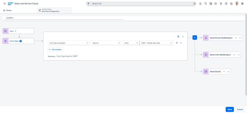 Interfaz de configuración de reglas de automatización en SAP Sales and Service Cloud, mostrando condiciones para eventos y tipos de casos.
