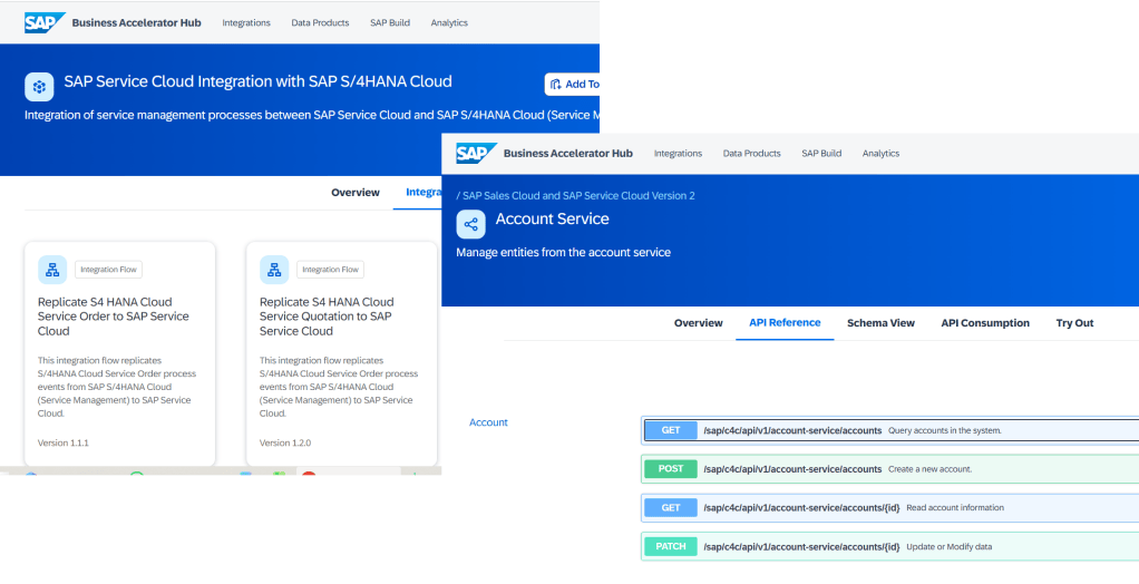 Interfaz de integración de SAP Service Cloud con SAP S/4HANA Cloud, mostrando detalles sobre el flujo de integración y la referencia de API para gestión de cuentas.