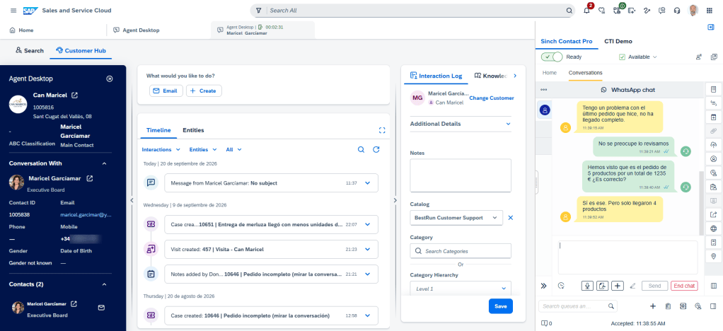 Interfaz de escritorio de agente en SAP Sales and Service Cloud, mostrando la información del cliente, historial de interacciones y chat de WhatsApp sobre un pedido incompleto.