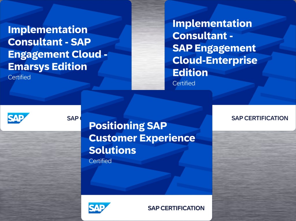 Los tres badges de certificación SAP: Emarsys Edition, Enterprise Edition y Positioning SAP Customer Experience Solutions