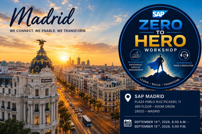 Imagen panorámica del skyline de Madrid al atardecer, con el edificio Metrópolis en primer plano y el texto del taller 'Zero to Hero' de SAP.