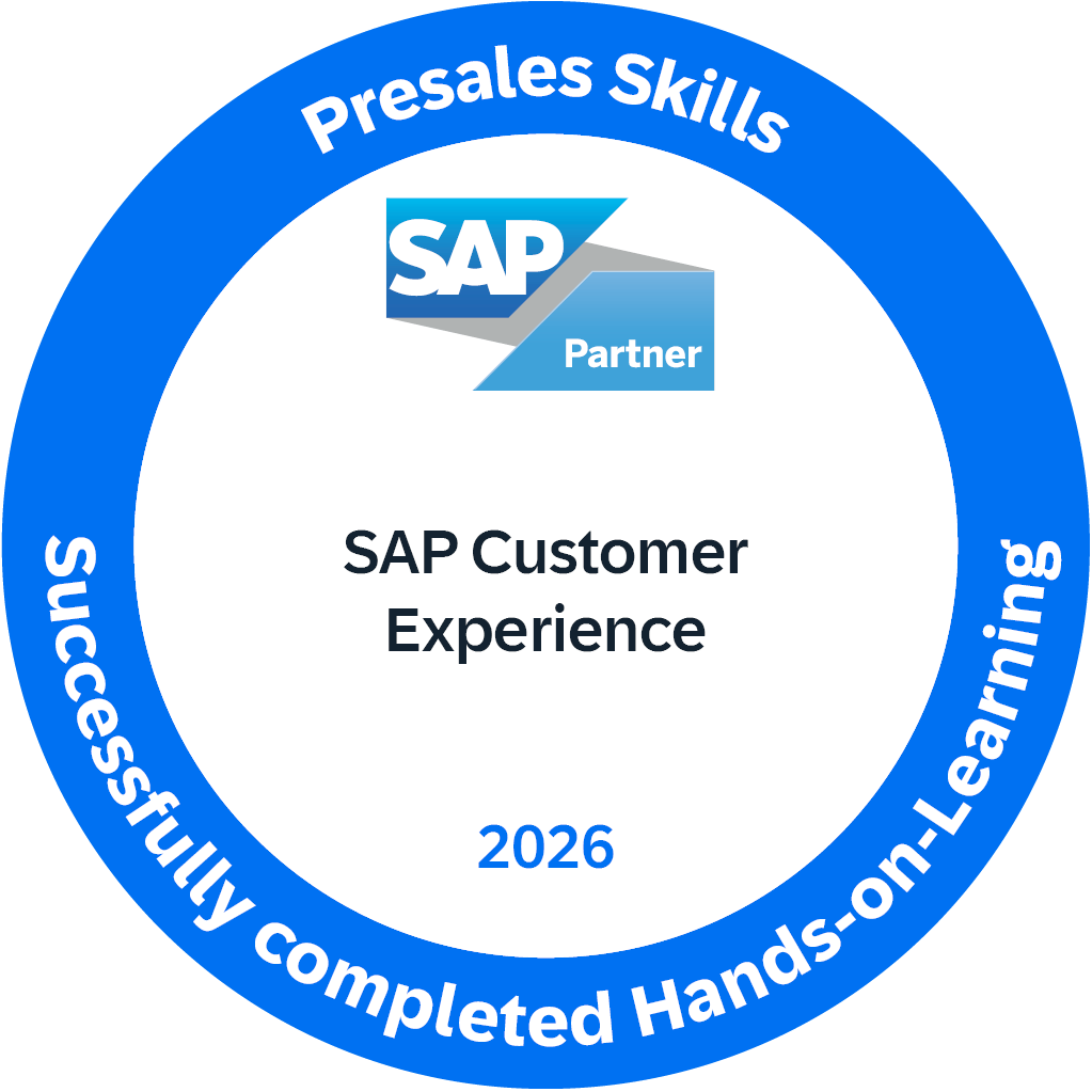 Insignia de habilidades de preventa de SAP, indicando experiencia en atención al cliente, completada exitosamente en 2026.