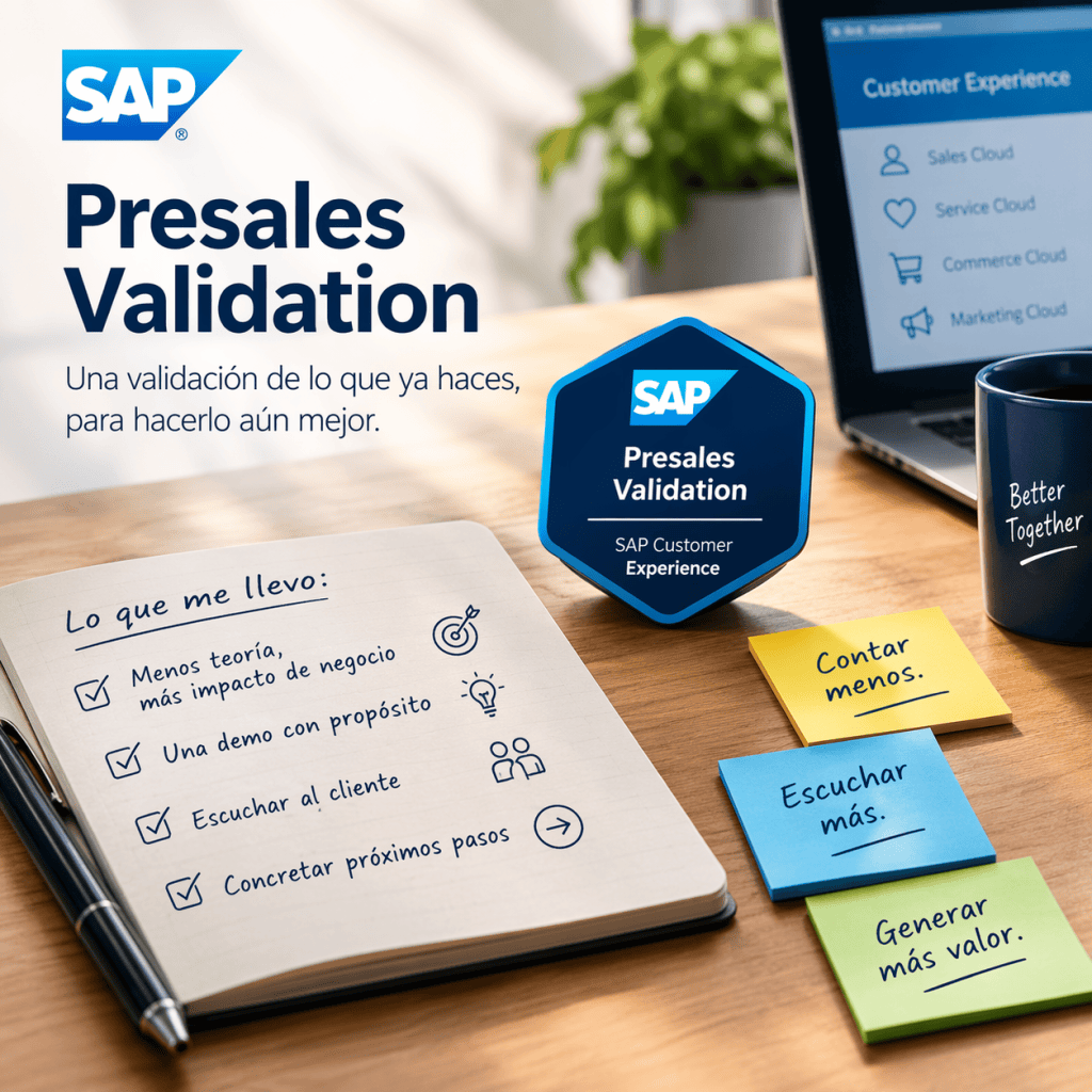 Imagen que muestra una hoja con una lista de validación de Presales de SAP y un sello de SAP Customer Experience. Hay post-its de colores con consejos y una computadora portátil en el fondo.